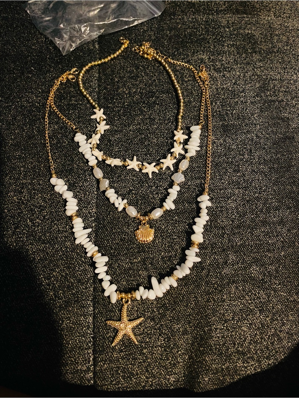 Gold & White Beach Charm Layered Necklace - Starfish and Shell Pendants